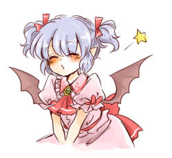Rule 34 | 1girl, alternate hairstyle, ascot, bat wings, blue hair, blush, brooch, closed eyes, dress, jewelry, maru usagi, no headwear, pink dress, pointy ears, puffy sleeves, remilia scarlet, sash, short sleeves, simple background, solo, star (symbol), touhou, twintails, upper body, v arms, waiting for kiss, white background, wings
