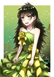 Rule 34 | 1girl, blush, brown hair, collarbone, dress, evening gown, flower, green dress, green eyes, highres, hiyajou maho, layered dress, long hair, mady (madine08260), open mouth, rose, sleeveless, sleeveless dress, solo, standing, steins;gate, steins;gate 0, sweatdrop, thick eyebrows, very long hair, wavy mouth, yellow flower, yellow rose
