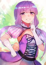 Rule 34 | 1girl, absurdres, alternate costume, blush, breasts, cleavage, commentary request, detached collar, detached sleeves, dress, gloves, grin, hair ornament, highres, hiiragi mikoto, large breasts, long hair, looking at viewer, pink dress, puffy short sleeves, puffy sleeves, purple eyes, purple hair, short hair with long locks, short sleeves, smile, solo, voiceroid, white gloves, yuzuki yukari