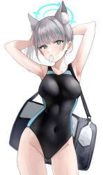 Rule 34 | 1girl, absurdres, animal ear fluff, animal ears, arms behind head, arms up, bag, bare arms, blue archive, blue eyes, breasts, cl (summer sama), competition swimsuit, covered navel, cowboy shot, cross hair ornament, duffel bag, grey hair, hair ornament, hair tie in mouth, halo, highleg, highleg swimsuit, highres, large breasts, light blush, mismatched pupils, mouth hold, one-piece swimsuit, parted lips, ponytail, shiroko (blue archive), shiroko (swimsuit) (blue archive), shoulder bag, simple background, solo, standing, swimsuit, thighs, two-tone swimsuit, tying hair, wet, white background