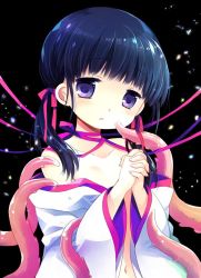 Rule 34 | 1girl, bare shoulders, black background, black hair, blush, collarbone, commentary request, fingernails, hair ribbon, hands up, japanese clothes, kimono, long hair, long sleeves, looking at viewer, low twintails, navel, off shoulder, open clothes, open kimono, original, own hands clasped, own hands together, parted lips, purple eyes, red ribbon, ribbon, sakurazawa izumi, solo, suction cups, tentacles, twintails, upper body, white kimono, wide sleeves