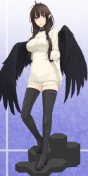 Rule 34 | 1girl, akitsuki karasu, black hair, black thighhighs, black wings, blush, boots, breasts, collar, highres, original, pointy ears, purple eyes, skindentation, solo, sweater, thigh boots, thighhighs, wings
