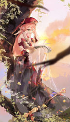 Rule 34 | 1girl, absurdres, book, boots, breasts, cleavage, closed mouth, crop top, detached sleeves, evening, genshin impact, hair ornament, hat, highres, holding, holding book, in tree, leaf, long hair, medium breasts, milil, outdoors, pink hair, red footwear, red hat, signature, sitting, sky, solo, tree, vision (genshin impact), yanfei (genshin impact)