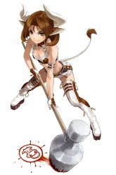 Rule 34 | 1girl, animal ears, animal print, boots, breasts, brown eyes, brown hair, cleavage, cow ears, cow girl, cow print, cow tail, hammer, horns, medium breasts, midriff, milk churn, shimotsuki eight, short hair, shorts, smile, smirk, solo, tail, tail hole, thigh boots, thighhighs
