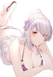 Rule 34 | 1girl, amagimei, ass, azur lane, bikini, blush, breasts, butterfly hair ornament, choker, cleavage, collarbone, crossed ankles, dunkerque (azur lane), dunkerque (summer sucre) (azur lane), grey hair, hair ornament, hairband, highres, large breasts, long hair, looking at viewer, lying, navel, on stomach, ponytail, purple bikini, red eyes, sidelocks, solo, swimsuit, thighs