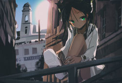 Rule 34 | 1girl, backlighting, black hair, blurry, building, choker, city, day, depth of field, francesca lucchini, green eyes, hair ribbon, highres, kabuyama kaigi, looking at viewer, putting on shoes, railing, ribbon, shoes, sitting, sky, smile, sneakers, solo, strike witches, sun, sunlight, tan, twintails, world witches series