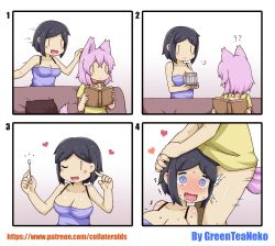 Rule 34 | 2girls, 4koma, ?, absurdres, animal ears, artist name, bare shoulders, black hair, blush, book, bottomless, breasts, cleavage, collar, collarbone, comic, cotton swab, couch, drooling, ear insertion, ear penetration, earjob, fang, gradient background, greenteaneko, heart, heart-shaped pupils, highres, holding, holding book, implied futanari, large breasts, medium breasts, motion lines, multiple girls, nose blush, one eye closed, open mouth, original, patreon username, pillow, pink hair, saliva, short hair, smile, sweat, symbol-shaped pupils, tail, what, | |