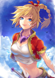 Rule 34 | 1girl, bead necklace, beads, blonde hair, blue eyes, blue sky, breasts, chrono cross, cloud, commentary, crop top, cropped jacket, day, jacket, jewelry, kid (chrono cross), long hair, looking at viewer, medium breasts, midriff, navel, necklace, open clothes, open jacket, ponytail, re (re 09), red jacket, red ribbon, ribbon, shirt, short sleeves, sky, smile, solo, stomach, upper body, white shirt