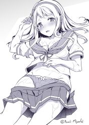 Rule 34 | 10s, 1girl, absurdres, arm up, blush, bra, bra peek, breasts, cleavage, clothes pull, collarbone, embarrassed, gradient background, greyscale, hairband, hand on own stomach, highres, jacob dream world, kantai collection, liquid, long hair, lying, medium breasts, monochrome, off shoulder, on back, panties, purple theme, raised eyebrows, sagiri (kancolle), school uniform, serafuku, shirt, short sleeves, sketch, skirt, skirt pull, solo, tareme, tearing up, tears, twitter username, underwear, wet, wet clothes, wet shirt, white background