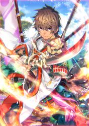 Rule 34 | 1boy, armor, blue sky, brown eyes, brown hair, character request, check character, check copyright, closed mouth, cloud, commentary request, copyright request, cowboy shot, day, fighting stance, fingerless gloves, flag, foliage, gloves, hair between eyes, highres, holding, holding sword, holding weapon, japanese armor, japanese clothes, long sleeves, looking at viewer, male focus, matsu-jun, momotarou, momotarou (character), original, outdoors, short hair, sky, smile, solo, standing, sword, tan, tree, weapon