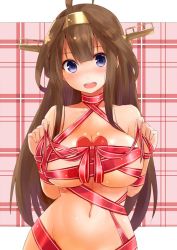Rule 34 | 10s, 1girl, :d, agarwood, ahoge, blush, breasts, brown hair, collarbone, double bun, groin, hair between eyes, hairband, headgear, kantai collection, kongou (kancolle), large breasts, long hair, looking at viewer, naked ribbon, navel, open mouth, purple eyes, red ribbon, ribbon, sidelocks, smile, solo, stomach, upper body