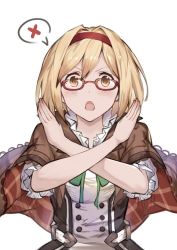 Rule 34 | 10s, 1girl, alchemist (granblue fantasy), bespectacled, blonde hair, blush, brown eyes, buttons, capelet, crossed arms, djeeta (granblue fantasy), glasses, granblue fantasy, hairband, lialight, looking at viewer, open mouth, red-framed eyewear, red hairband, short hair, short sleeves, simple background, solo, spoken x, white background