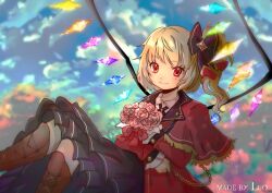 Rule 34 | 1girl, absurdres, alternate costume, black skirt, blonde hair, bouquet, brown footwear, capelet, chain, closed mouth, cloud, commentary, crystal, english commentary, flandre scarlet, flower, frilled skirt, frills, highres, holding, holding bouquet, looking at viewer, luo qiangwei, medium hair, one side up, outdoors, pink flower, red capelet, red eyes, signature, skirt, smile, solo, touhou, wings
