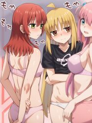 3girls ahoge arms_behind_back ass back bare_shoulders black_shirt blonde_hair blue_eyes blush bocchi_the_rock! bra breast_envy breasts closed_mouth clothes_lift collarbone commentary cube_hair_ornament detached_ahoge embarrassed gotoh_hitori green_eyes hair_between_eyes hair_down hair_ornament highres ijichi_nijika kessoku_band_logo kessoku_band_t-shirt kita_ikuyo large_breasts lifting_own_clothes long_hair looking_at_another multiple_girls navel one_side_up open_mouth panties pink_bra pink_hair pink_panties red_eyes red_hair ryuhirohumi shirt shirt_lift shoulder_blades small_breasts sweat translated underwear undressing white_panties