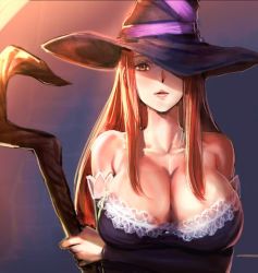 Rule 34 | 1girl, bow (bhp), breast hold, breasts, cleavage, crossed arms, dragon&#039;s crown, dress, elbow gloves, gloves, hat, huge breasts, large breasts, lips, long hair, matching hair/eyes, orange eyes, orange hair, solo, witch, sorceress (dragon&#039;s crown), staff, strapless, strapless dress, upper body, vanillaware, witch, witch hat