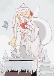 2girls bloomers bolos bow capelet chimney christmas dress fairy fairy_wings green_dress hat hat_bow ice lily_white multiple_girls perfect_cherry_blossom red_bow sack snow snowing touhou tree underwear white_bloomers white_capelet white_footwear white_hat wings winter