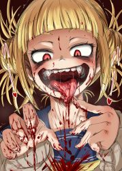Rule 34 | 10s, 1girl, 4shi, blonde hair, blood, blood on face, blood splatter, blunt bangs, boku no hero academia, cardigan, crazy eyes, double bun, fangs, finger to mouth, hair bun, heart, highres, long sleeves, looking down, motion lines, neckerchief, portrait, red background, red eyes, sailor collar, shaded face, short hair, simple background, solo, teeth, toga himiko, tongue, tongue out, trembling, upper body