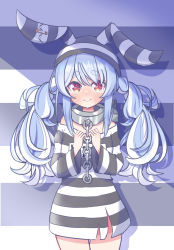 Rule 34 | 1girl, 3:, animal ears, blue hair, blush, breasts, chain, closed mouth, clothes pin, cowboy shot, crying, crying with eyes open, cuffs, dress, full-face blush, hands up, highres, hololive, light blue hair, long hair, looking at viewer, messy hair, multicolored hair, nananana (nana hololive), off-shoulder shirt, off shoulder, official alternate costume, prison clothes, rabbit-shaped pupils, rabbit ears, red eyes, shackles, shadow, shirt, sidelocks, small breasts, solo, standing, striped clothes, striped dress, striped headwear, striped wall, swept bangs, symbol-shaped pupils, tears, thick eyebrows, twintails, two-tone hair, usada pekora, usada pekora (prisoner), very long hair, virtual youtuber, wall, white hair