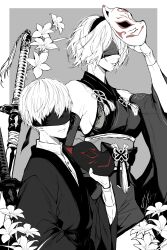 Rule 34 | 1boy, 1girl, 2b (nier:automata), 9s (nier:automata), absurdres, black blindfold, blindfold, border, breasts, expressionless, flower, grey background, highres, japanese clothes, kimono, looking at viewer, monochrome, nier:automata, nier (series), nishiii26miii, sideboob, sword, weapon, white border, white hair