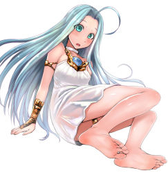 Rule 34 | 10s, 1girl, ahoge, aqua eyes, arm support, bare shoulders, barefoot, blue eyes, blue hair, blush, collar, dress, feet, foot focus, full body, gem, granblue fantasy, greek toe, kokuriu, legband, long hair, looking at viewer, lyria (granblue fantasy), open mouth, simple background, sitting, soles, solo, thigh strap, toes, white background