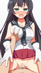 Rule 34 | 10s, 1boy, 1girl, 9law, agano (kancolle), bad id, bad pixiv id, black hair, blush, breasts, censored, cleavage, clothed sex, clothes lift, full-face blush, gloves, grabbing, grabbing another&#039;s breast, hetero, kantai collection, large breasts, long hair, looking at viewer, miniskirt, oekaki, open mouth, penis, personification, school uniform, serafuku, sex, simple background, skirt, skirt lift, solo focus, tears, vaginal, white background, white gloves