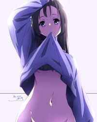 Rule 34 | 1girl, black bra, black hair, bra, bra peek, clothes in mouth, clothes lift, groin, hand in own hair, hibike! euphonium, highres, kousaka reina, lifted by self, long hair, mouth hold, navel, nii manabu, purple eyes, shirt in mouth, shirt lift, signature, solo, stomach, underwear, upper body