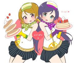 Rule 34 | 10s, 2girls, bad id, bad twitter id, blue eyes, blueberry, blush, brown hair, buttons, character name, commentary request, double-breasted, food, fruit, gloves, koizumi hanayo, long hair, love live!, love live! school idol festival, love live! school idol project, md5 mismatch, multiple girls, neckerchief, pancake, pancake stack, polka dot, purple eyes, purple hair, resized, saku usako (rabbit), scrunchie, short hair, skirt, strawberry, striped clothes, striped skirt, tojo nozomi, twintails, vertical-striped clothes, vertical-striped skirt, visor cap, waitress, whipped cream