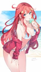 Rule 34 | 1girl, bare shoulders, beach, bikini, blue eyes, blue sky, breasts, collarbone, dated, day, food, frilled bikini, frills, go-toubun no hanayome, hair between eyes, hair ornament, highres, ice cream, ice cream cone, jacket, large breasts, licking, long hair, mint chocolate, mint chocolate chip, nakano itsuki, navel, open clothes, open jacket, red hair, sidelocks, sky, solo, star (symbol), star hair ornament, swimsuit, track jacket, twitter username, umibouzu (niito), water