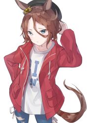 Rule 34 | 1girl, absurdres, animal ears, arm behind head, blue eyes, brown hair, cottone (highjethoo), denim, hair ornament, hat, highres, horse ears, horse girl, horse tail, jacket, jeans, long sleeves, looking at viewer, narita taishin (umamusume), open clothes, open jacket, pants, red jacket, shirt, short hair, simple background, solo, standing, tail, umamusume, white background