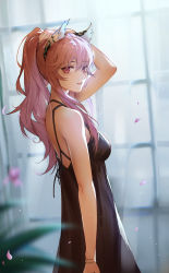 Rule 34 | 1girl, absurdres, animal ear fluff, animal ears, arm up, bare shoulders, bilibilida, black dress, blush, bracelet, breasts, cowboy shot, curtains, dress, from side, girls&#039; frontline, girls&#039; frontline neural cloud, hand in own hair, highres, indoors, jewelry, long hair, looking at viewer, looking to the side, medium breasts, parted lips, persica (girls&#039; frontline), petals, pink eyes, pink hair, ponytail, sleeveless, sleeveless dress, smile, solo, window