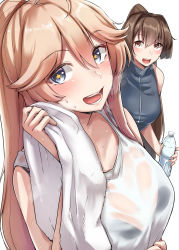 Rule 34 | 2girls, absurdres, ahoge, blonde hair, blue eyes, blush, bottle, brown eyes, brown hair, hair between eyes, highres, holding, holding bottle, holding towel, iowa (kancolle), kantai collection, kiritto, long hair, looking at viewer, multiple girls, open mouth, ponytail, simple background, smile, star-shaped pupils, star (symbol), symbol-shaped pupils, towel, water bottle, wet, wet clothes, white background, yamato (kancolle)