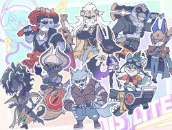 Rule 34 | absurdres, alolin (pazuzu) (dislyte), animal ears, axe, bare pectorals, boomboom, brewster (garmr) (dislyte), cane, cat boy, cat tail, chibi, claws, commentary request, cow boy, cow ears, cow horns, crocodile boy, crocodilian tail, daylon (sobek) (dislyte), dislyte, djoser (atum) (dislyte), drew (anubis) (dislyte), fingerless gloves, freddy (fenrir) (dislyte), furry, furry male, gloves, goggles, goggles on head, hand on own chin, highres, holding, holding axe, holding cane, holding mace, holding sword, holding weapon, horns, jackal boy, jackal ears, javid (shamash) (dislyte), lion boy, lion ears, lion tail, looking at viewer, mask, monocle, multiple boys, pectorals, raised eyebrow, reptile boy, rocket launcher, sander (set) (dislyte), strap, sunglasses, sword, tail, tenshuu93, tevor (sphinx) (dislyte), weapon, wolf boy, wolf ears, wolf tail