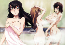 Rule 34 | 00s, 3girls, :d, absurdres, armpits, arms up, ass, back, black hair, blush, breasts, brown eyes, brown hair, censored, cleavage, convenient censoring, covering privates, crossed bangs, fudesaka akinori, green eyes, groin, hand on head, highres, huge breasts, kizaki emi, kujou miu, kurogane no linebarrel, large breasts, long hair, megami magazine, multiple girls, naked towel, navel, non-web source, nude cover, official art, ogawa yui, open mouth, pink towel, scan, short hair, sideboob, sideways mouth, smile, standing, steam, steam censor, towel, underboob, wet
