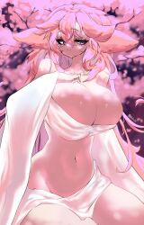 Rule 34 | 1girl, animal ears, bare shoulders, belly, blurry, blurry background, breasts, cherry blossoms, cleavage, closed mouth, collarbone, crossed bangs, eyelashes, falling petals, floppy ears, fox girl, genshin impact, hair between eyes, hand on own chest, hand up, highres, japanese clothes, large breasts, long eyelashes, long hair, long sleeves, looking at viewer, monster girl, navel, neck, nontraditional miko, open clothes, petals, pfufu, pink background, pink hair, purple eyes, see-through, self-upload, shiny skin, sitting, smile, solo, thick thighs, thighs, twitter username, very long hair, wide sleeves, yae miko