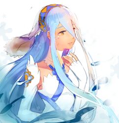 Rule 34 | 1girl, azura (fire emblem), bk-love, blue hair, commentary request, detached collar, detached sleeves, dress, elbow gloves, fingerless gloves, fire emblem, fire emblem fates, gloves, hair between eyes, long hair, nintendo, simple background, solo, tearing up, tears, veil, very long hair, white background, white dress, yellow eyes