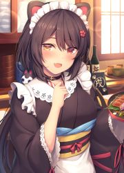 Rule 34 | :d, absurdres, animal ears, apron, black choker, black hair, black kimono, blush, bottle, bowl, cabinet, cat ears, choker, commentary request, fake animal ears, fang, food, hair ornament, hairclip, hand on own chest, heterochromia, highres, holding, holding tray, indoors, inui toko, japanese clothes, kimono, looking at viewer, maid, maid headdress, meat, mutsuba fumi, nijisanji, obi, open mouth, red eyes, red ribbon, ribbon, rice bowl, sake bottle, sash, short hair, smile, solo, stuffed animal, stuffed cat, stuffed toy, tray, upper body, virtual youtuber, wa maid, waist apron, white apron, yellow eyes
