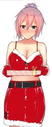 Rule 34 | 1girl, absurdres, alternate costume, aoba (kancolle), bare shoulders, belt, black belt, blue eyes, blush, breasts, christmas, commentary request, cross-laced clothes, dress, fur-trimmed dress, fur-trimmed gloves, fur trim, gift, gloves, hair between eyes, highres, kantai collection, katsuten, latex, latex bra, latex gloves, latex skirt, looking at viewer, messy hair, midriff, pencil skirt, pink hair, ponytail, purple hair, red gloves, red skirt, santa costume, santa dress, scrunchie, skirt, smile, solo, wavy mouth