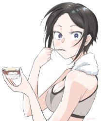 Rule 34 | 1girl, black eyes, black hair, breasts, bright pupils, chouno ami, cleavage, commentary, eating, ei (akinosakae), food, from side, girls und panzer, grey sports bra, holding, holding food, holding spoon, ice cream, looking at viewer, medium breasts, one-hour drawing challenge, short hair, simple background, solo, spoon, sports bra, surprised, swept bangs, towel, towel around neck, twitter username, upper body, utensil in mouth, white background, white pupils, white towel