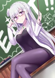 Rule 34 | 10s, 1girl, adjusting eyewear, alternate costume, bespectacled, blush, breasts, chalkboard, classroom, cleavage, covered navel, crossed legs, desk, doodle, dutch angle, emilia (re:zero), flower, glasses, hair flower, hair ornament, highres, holding, indoors, jewelry, long hair, looking at viewer, minato yoshihiro, miniskirt, necklace, open clothes, open shirt, pantyhose, pendant, pointer, pointy ears, puck (re:zero), purple eyes, purple pantyhose, re:zero kara hajimeru isekai seikatsu, school, shirt, silver hair, skirt, smile, solo, sparkle, sponge, teacher
