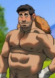 Rule 34 | 1boy, abs, absurdres, armpit hair, armpit hair peek, bara, beard stubble, blush, closed eyes, completely nude, cowboy shot, facial hair, hat, hat on back, highres, large pectorals, male focus, male pubic hair, mature male, muscular, muscular male, mustache stubble, navel, navel hair, nipples, nude, original, out-of-frame censoring, paid reward available, pectorals, pubic hair, short hair, shy, sideburns, sidepec, solo, sparse chest hair, stomach, straw hat, strongman waist, stubble, sweatdrop, thick eyebrows, unspoken (firebreath110)