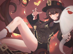 Rule 34 | 1girl, :d, animal, black hat, black nails, black shorts, brown hair, brown jacket, bug, butterfly, fang, feet out of frame, floating hair, flower, flower-shaped pupils, genshin impact, ghost, grin, hat, hat flower, highres, hu tao (genshin impact), insect, jacket, knee up, long hair, looking at viewer, nail polish, open mouth, red eyes, red flower, red shirt, shiratama (srtm on), shirt, short shorts, shorts, smile, socks, solo, symbol-shaped pupils, very long hair, white socks