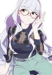 Rule 34 | 1girl, black shirt, blue pants, blunt bangs, breasts, cleavage, closed mouth, commentary request, denim, fukushi ryouhei, glasses, grey hair, idolmaster, idolmaster (classic), jeans, large breasts, long hair, long sleeves, looking to the side, pants, purple eyes, red-framed eyewear, shijou takane, shirt, sitting, smile, solo, very long hair