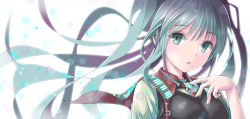 Rule 34 | 1girl, floating hair, hatsune miku, long hair, looking at viewer, piano print, solo, suishougensou, vocaloid, white background