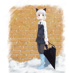 Rule 34 | 1girl, animal ears, bad id, bad pixiv id, black pantyhose, boots, brick, cat ears, cat tail, closed umbrella, green eyes, military, military uniform, mizuzono, necktie, pantyhose, sanya v. litvyak, short hair, silver hair, snow, solo, strike witches, tail, umbrella, uniform, world witches series