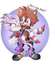 Rule 34 | 1boy, 1girl, absurdres, animal ears, blaze the cat, blue eyes, blush, brown fur, carrying, cat boy, cat ears, cat girl, cat tail, eyelashes, forehead jewel, fur-trimmed gloves, fur trim, furry, furry female, furry male, gloves, gold necklace, high heels, highres, jacket, jewelry, kingdom hearts, krystalstar70, necklace, pants, pink footwear, ponytail, princess carry, purple fur, purple jacket, sonic (series), sora (kingdom hearts), tail, white pants, yellow eyes