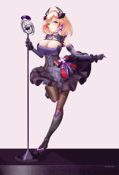 Rule 34 | 1girl, absurdres, armored boots, artist name, azur lane, black dress, black pantyhose, boots, breasts, cleavage, dress, elbow gloves, frills, full body, gloves, headgear, highres, holding, holding microphone stand, large breasts, layered dress, leg up, microphone stand, multicolored hair, orange eyes, orange hair, pantyhose, red hair, roon (azur lane), roon (muse) (azur lane), scrunchie, shinalpha, simple background, solo, streaked hair, two-tone hair, wrist scrunchie