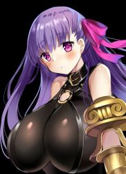 Rule 34 | 10s, 1girl, bad id, bad twitter id, bare shoulders, belt buckle, belt collar, black background, blush, breasts, buckle, claws, cleavage, collar, commentary request, criss-cross halter, fate/extra, fate/extra ccc, fate (series), hair ribbon, halterneck, harimoji, huge breasts, long hair, looking at viewer, looking to the side, o-ring, o-ring top, parted lips, passionlip (fate), pink ribbon, purple eyes, purple hair, ribbon, simple background, solo, very long hair