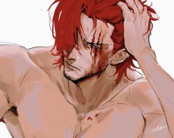1boy bare_shoulders blood blood_on_chest blood_on_face closed_mouth cuts facial_hair facial_mark goatee grimace hair_over_one_eye hand_in_own_hair hand_up highres injury looking_at_viewer male_focus narrowed_eyes no_shirt one_piece pectorals red_hair shanks_(one_piece) short_hair signature solo straight-on upper_body vamos_mk white_background