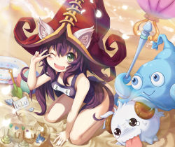 Rule 34 | 1girl, :&gt;, ;d, animal ears, arm support, ball, beach, beachball, blue eyes, blush, breasts, brown eyes, bucket, cat ears, character name, closed mouth, ears through headwear, female focus, from above, full body, green eyes, hat, highres, holding, horns, innertube, league of legends, lens flare, long hair, lulu (league of legends), octopus, one-piece swimsuit, one eye closed, open mouth, outdoors, poro (league of legends), purple hair, sand, sand castle, sand sculpture, sand writing, school swimsuit, seashell, shell, sitting, small breasts, smile, solo, sora (dkssud6580), swim ring, swimsuit, tongue, tongue out, very long hair, w, wand, water, witch, witch hat