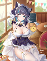 Rule 34 | 1girl, animal ears, apron, aqua eyes, aqua hair, armchair, azur lane, bad id, bad pixiv id, black hair, blush, breasts, cake, chair, cheshire (azur lane), cleavage, closed mouth, detached sleeves, dress, earrings, flag, food, fruit, garter straps, highres, indoors, jewelry, large breasts, lifting own clothes, looking at viewer, maid, maid headdress, manjuu (azur lane), miaogujun, multicolored hair, puffy sleeves, purple apron, ribbon, sitting, solo, strawberry, streaked hair, thighhighs, white dress, white thighhighs, window, wrist cuffs